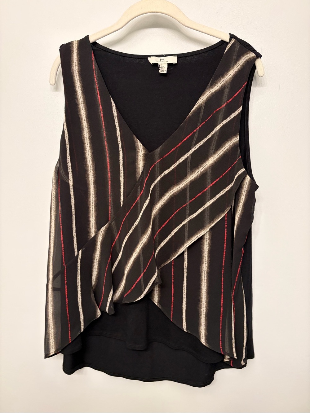 Halston Heritage Black Sleeveless Striped Wrap-Front Top